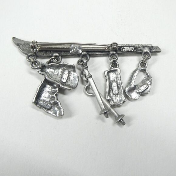 JJ Skier Pin Pewter Skiing Dangle Charms Vintage Skis Jonette - Picture 6 of 7